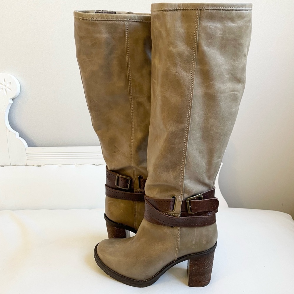 FABIANELLI TAUPE LEATHER KNEE BOOTS ZIPPER ITALIAN BLOCK HEEL BROWN STRAPS